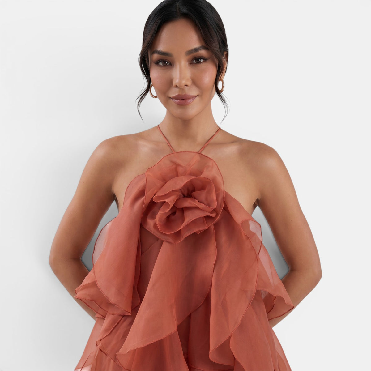 Women's Red Halter Maxi Dress - Open Back, Floral Detail, Ruffles