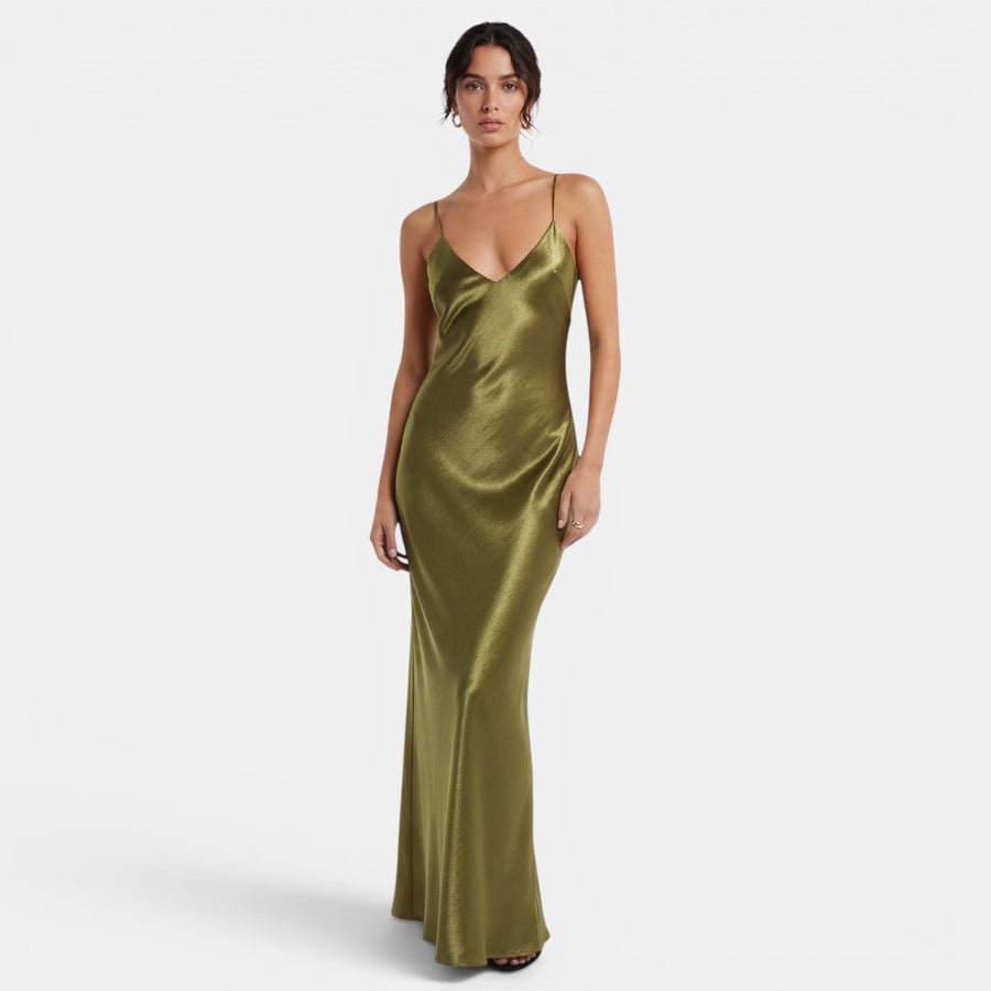 Vestido Lencero Satinado Verde Oliva