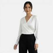 Blusa Satén Escote V Manga Larga
