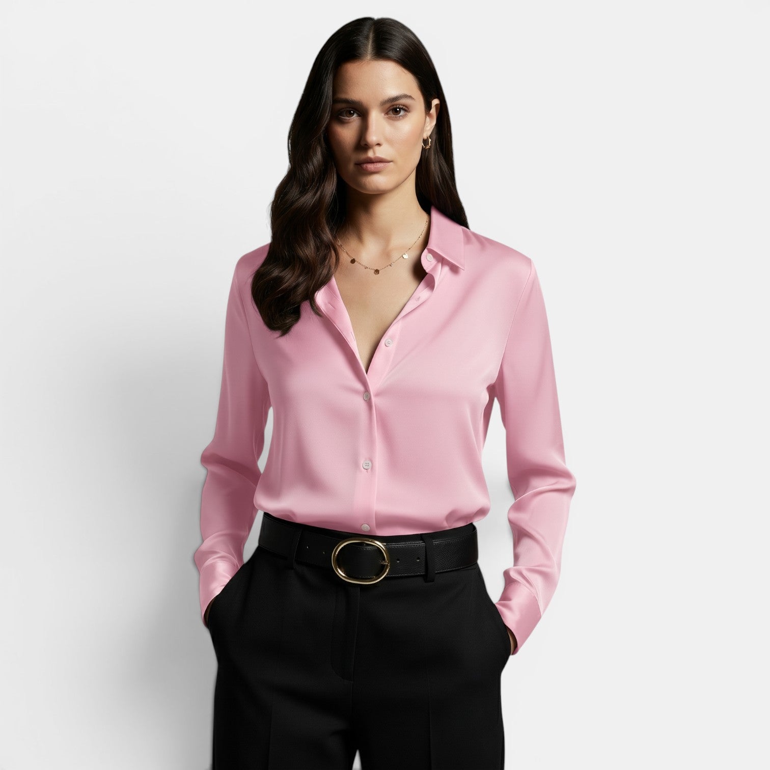 Camisa Mujer Holgada con Solapa y Botones Manga Larga