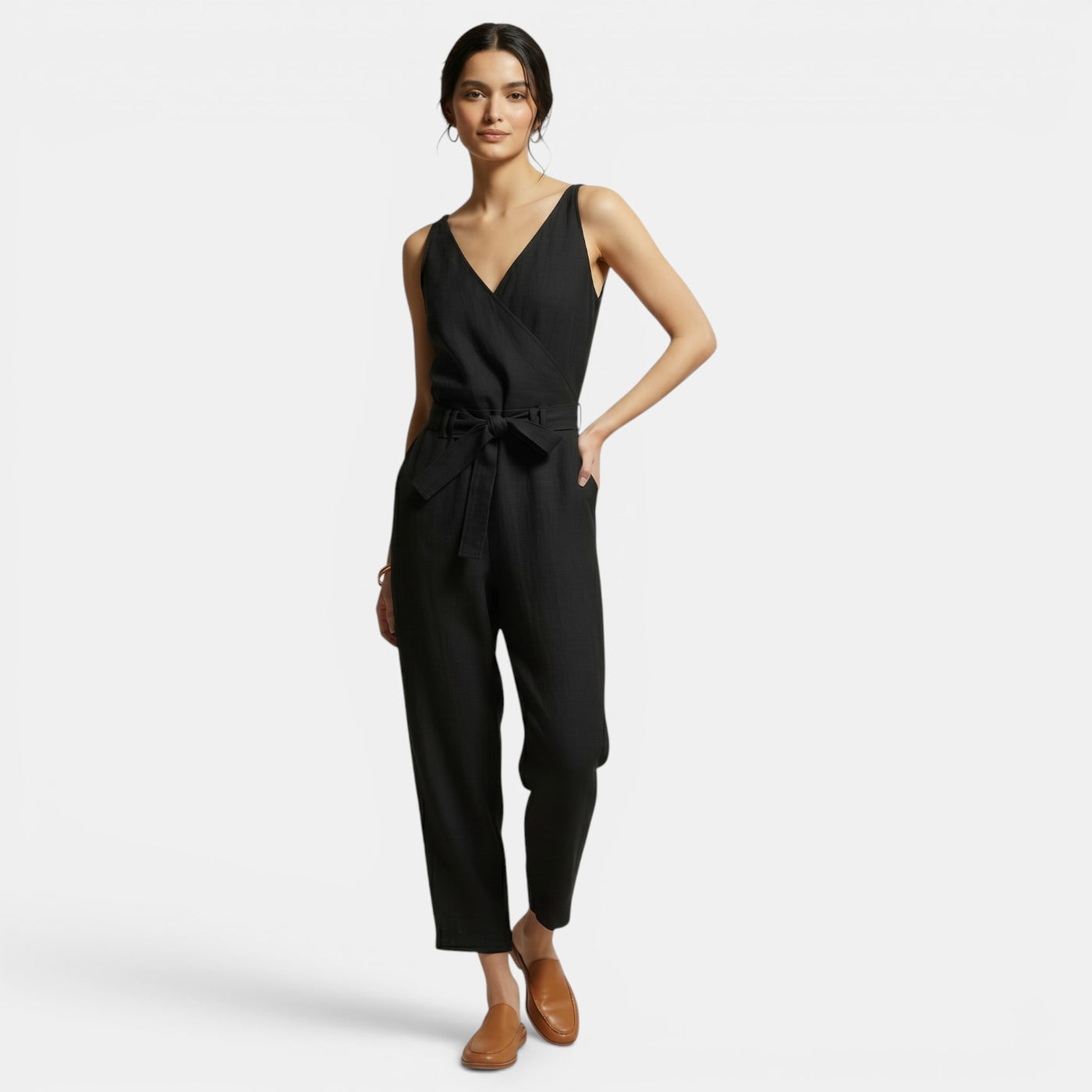 Long Jumpsuit V-Neck Cotton Linen