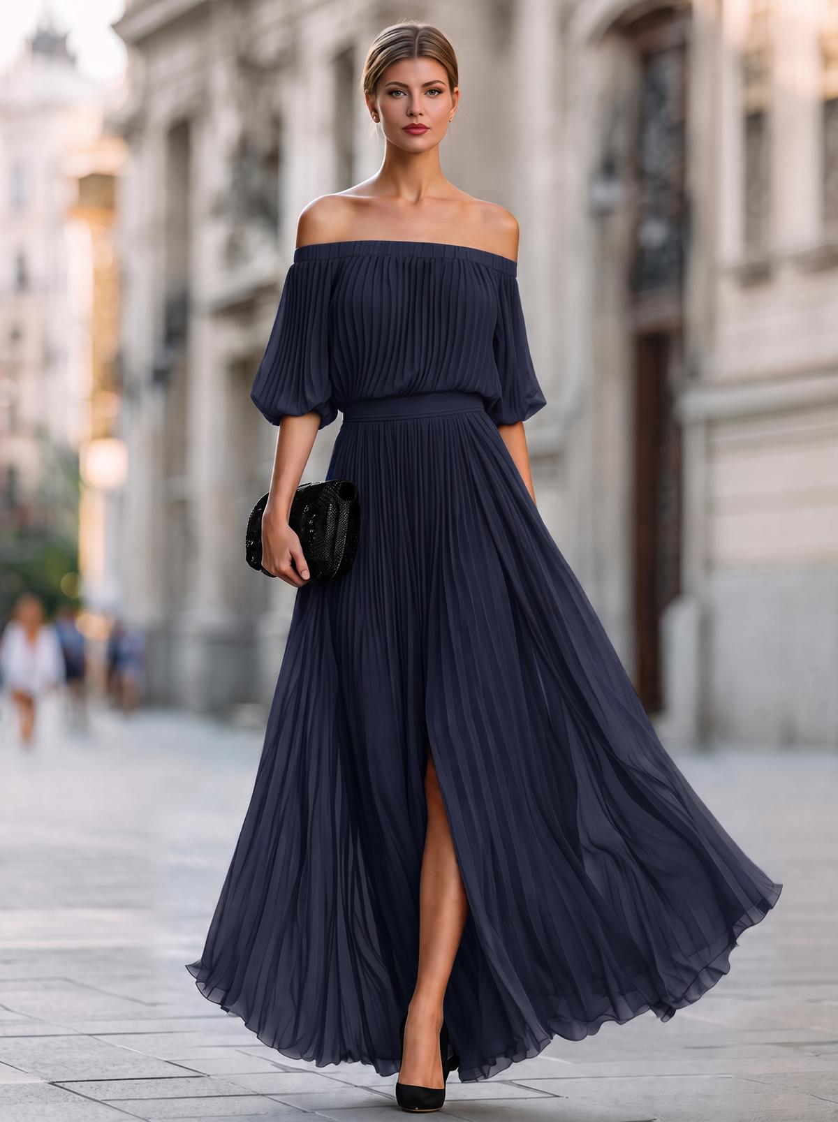 Long Off-the-Shoulder Wedding Guest Dress
