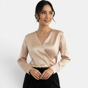 Blusa Satén Escote V Manga Larga