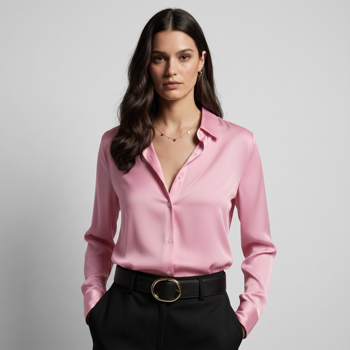 Camisa Mujer Holgada con Solapa y Botones Manga Larga