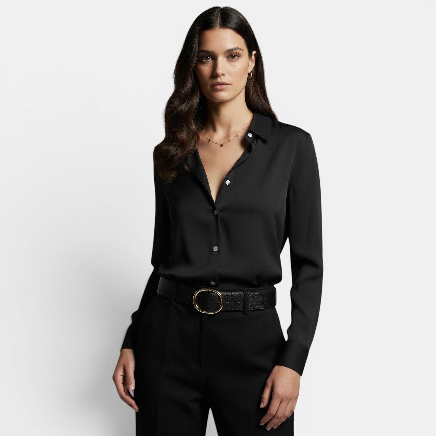 Camisa Mujer Holgada con Solapa y Botones Manga Larga