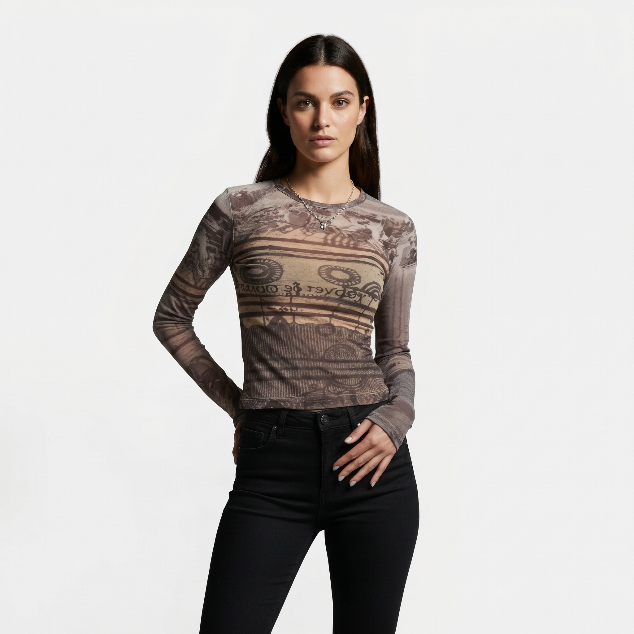Camiseta Mujer de Malla Estampada Manga Larga Ajuste Ligero