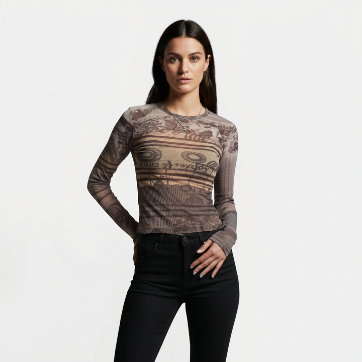 Camiseta Mujer de Malla Estampada Manga Larga Ajuste Ligero