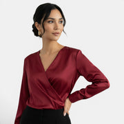Blusa Satén Escote V Manga Larga