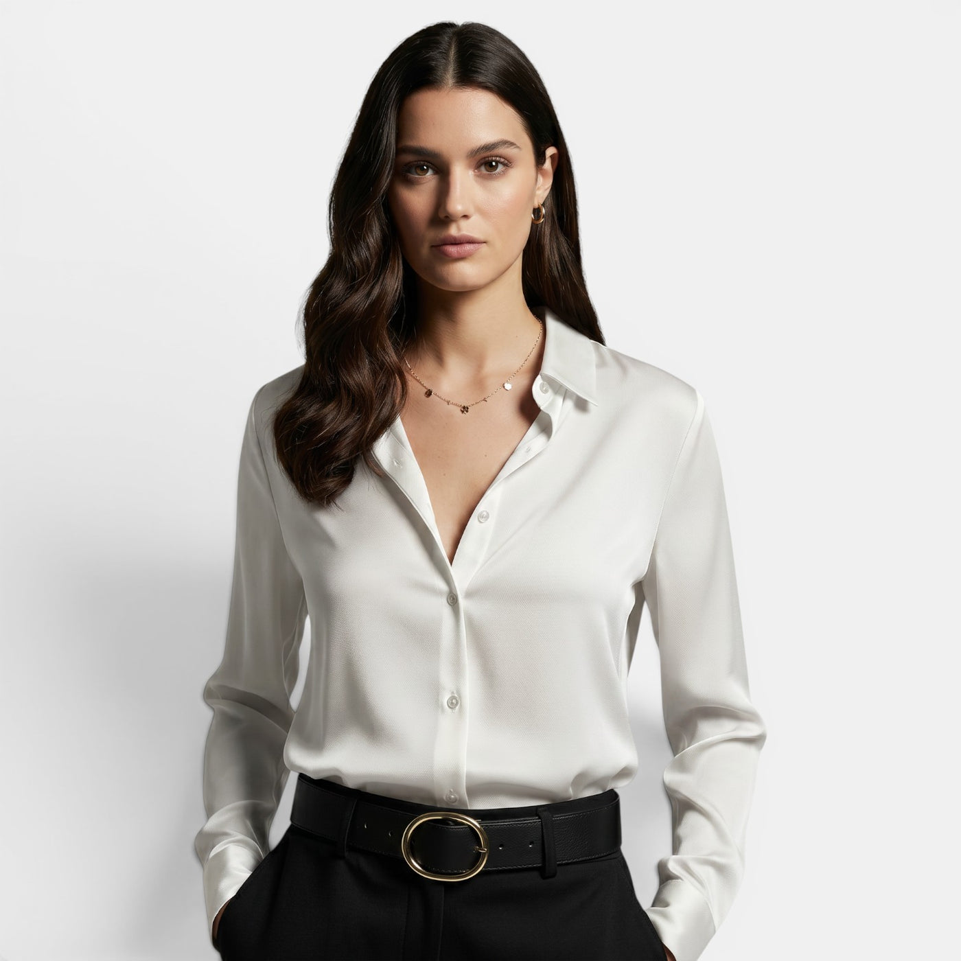 Camisa Mujer Holgada con Solapa y Botones Manga Larga