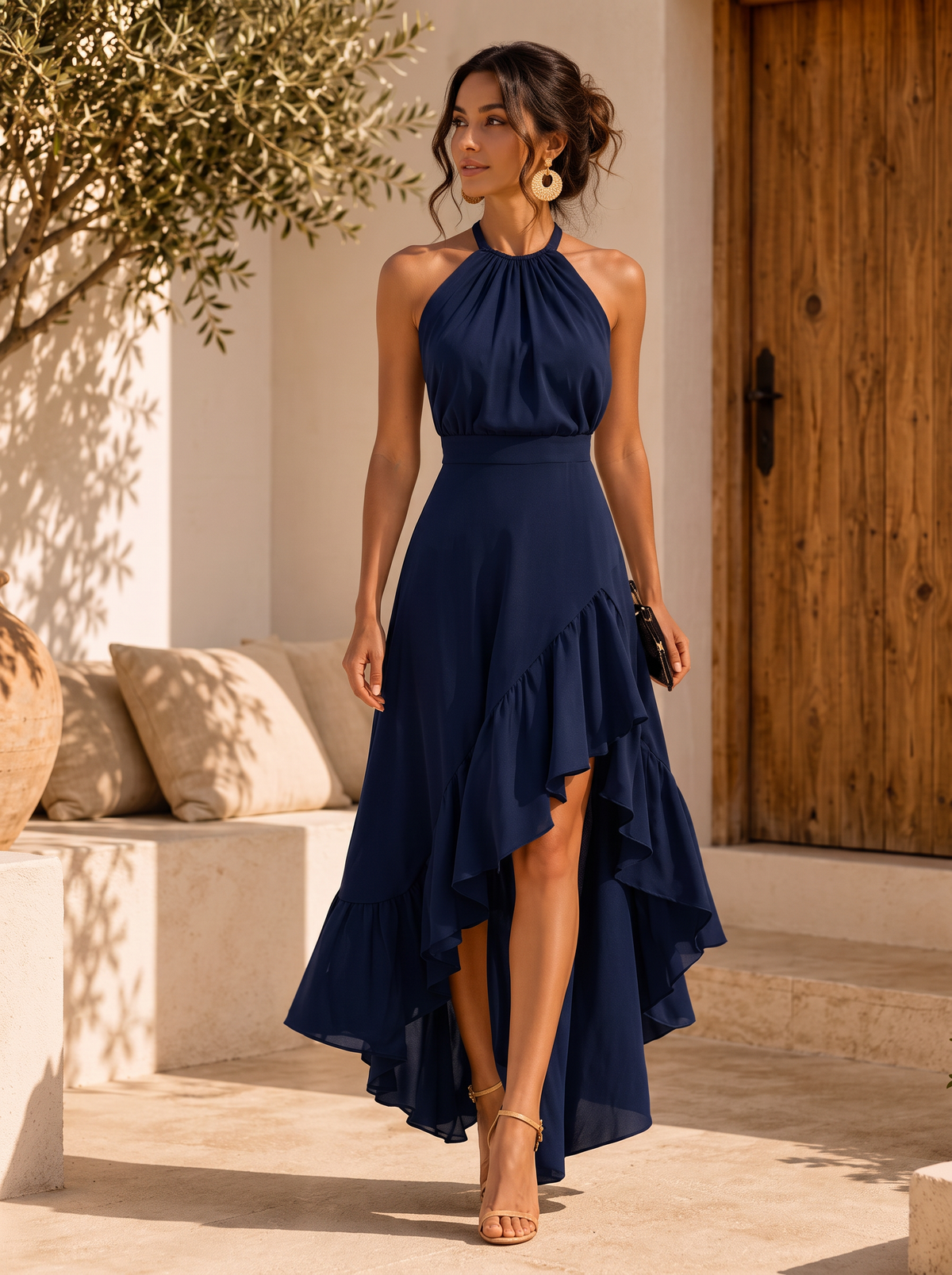 Vestido de Invitada Boda Halter con Bajo Asimétrico de Volantes