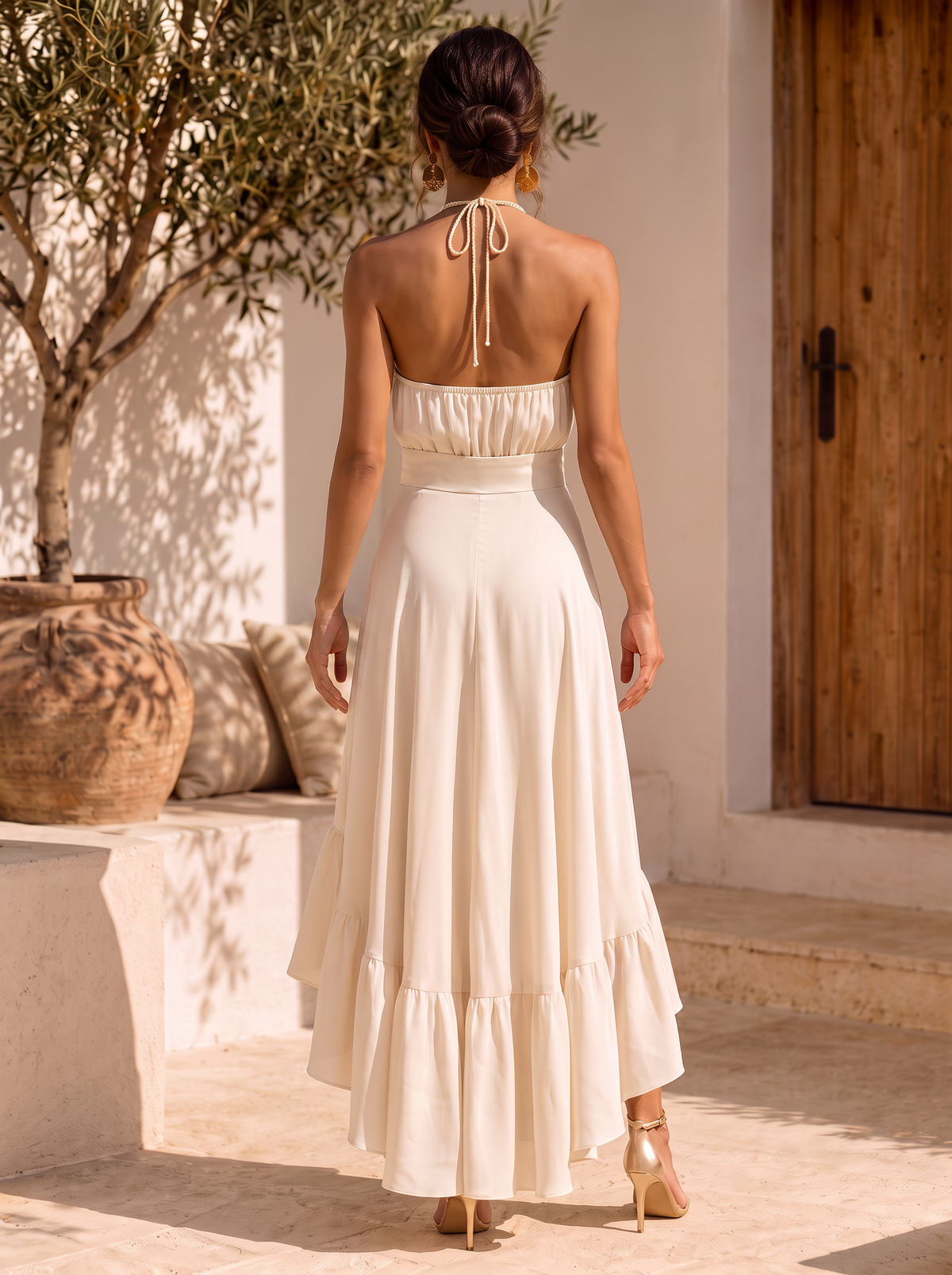 Vestido de Invitada Boda Halter con Bajo Asimétrico de Volantes