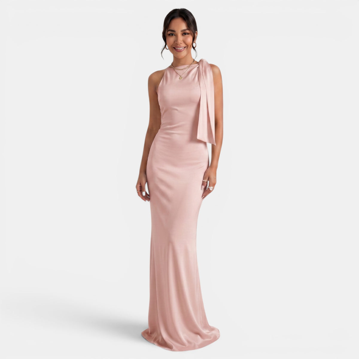 Women's One-Shoulder Maxi Dress - Fitted Sleeveless, Bow Detail