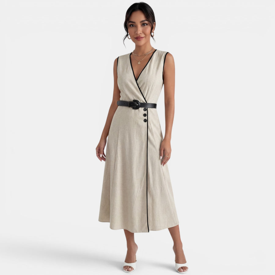 Vestido Midi Beige Elegante Cinturón