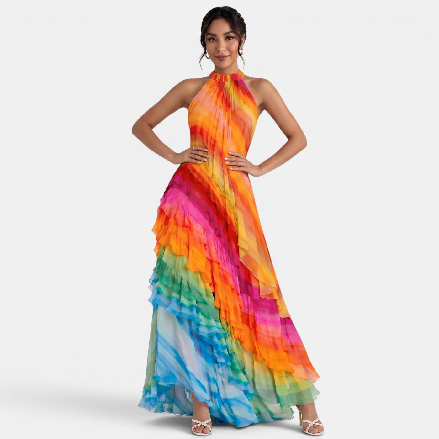 Women's Multicolor Halter Neck Long Party Dress
