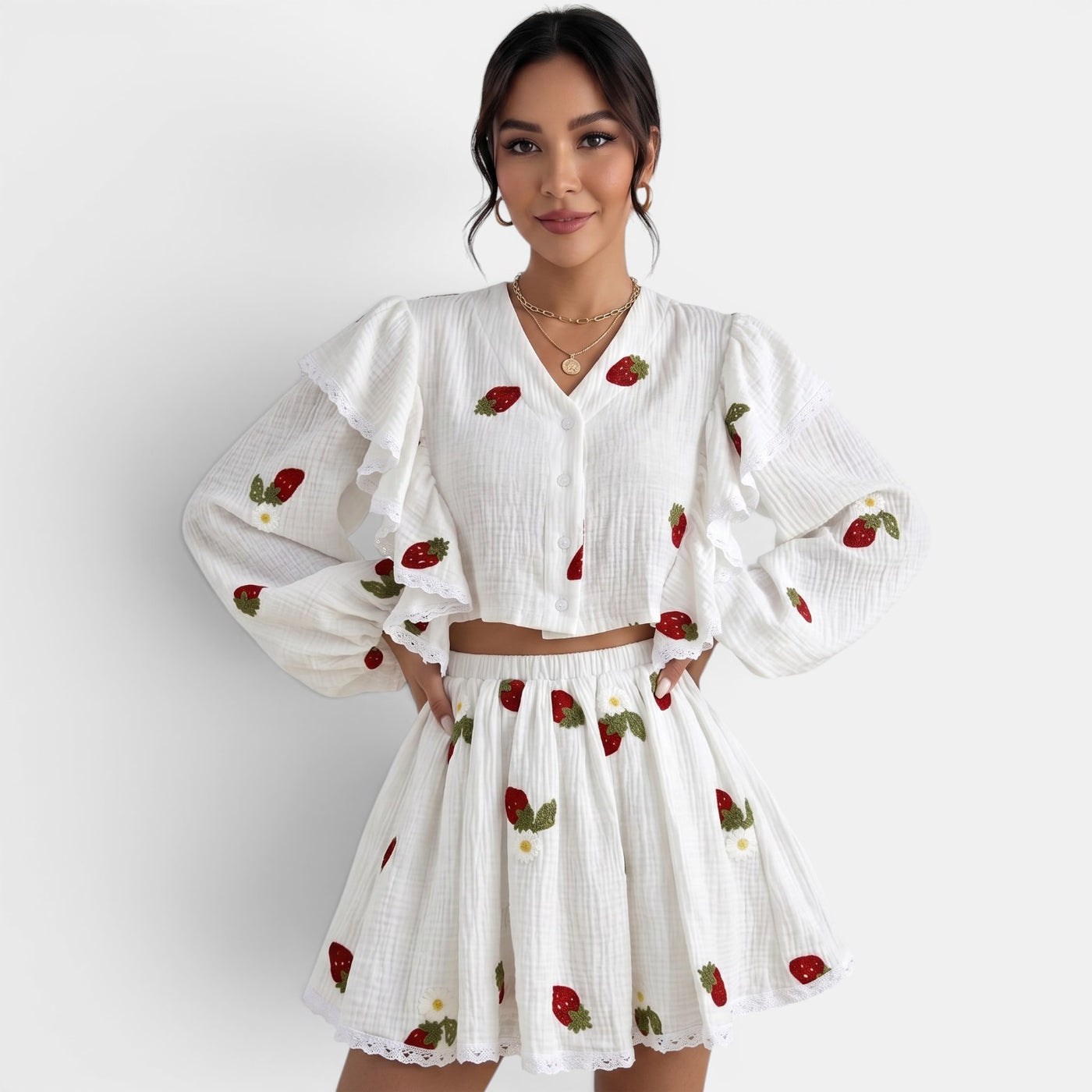 Women's White Linen Strawberry Summer Set