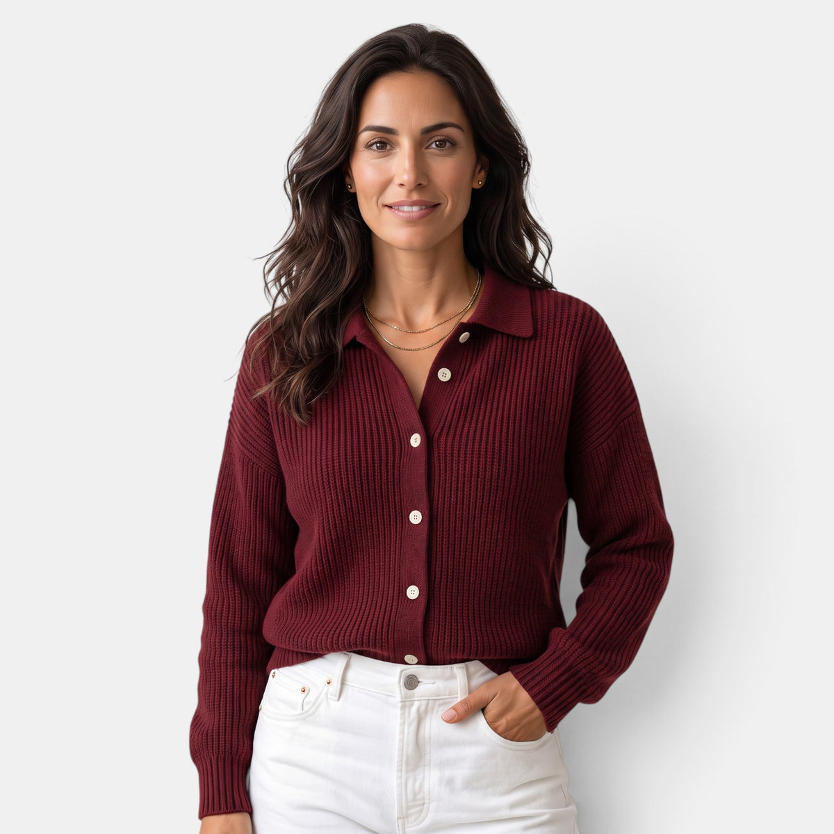 Cárdigan de Punto Mujer con Cuello y Botones