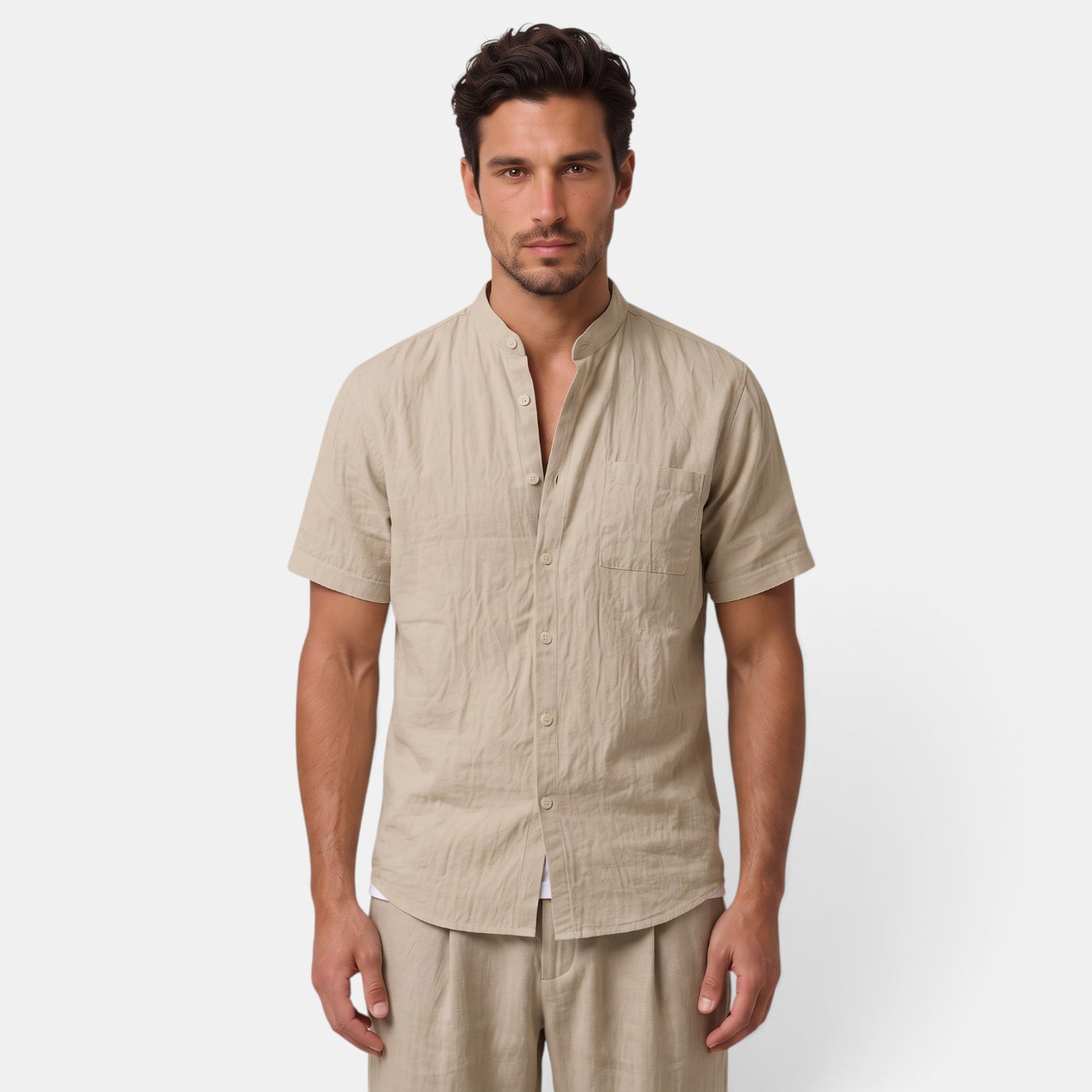 Camisa de Lino Hombre Cuello Mao Manga Corta Casual Verano