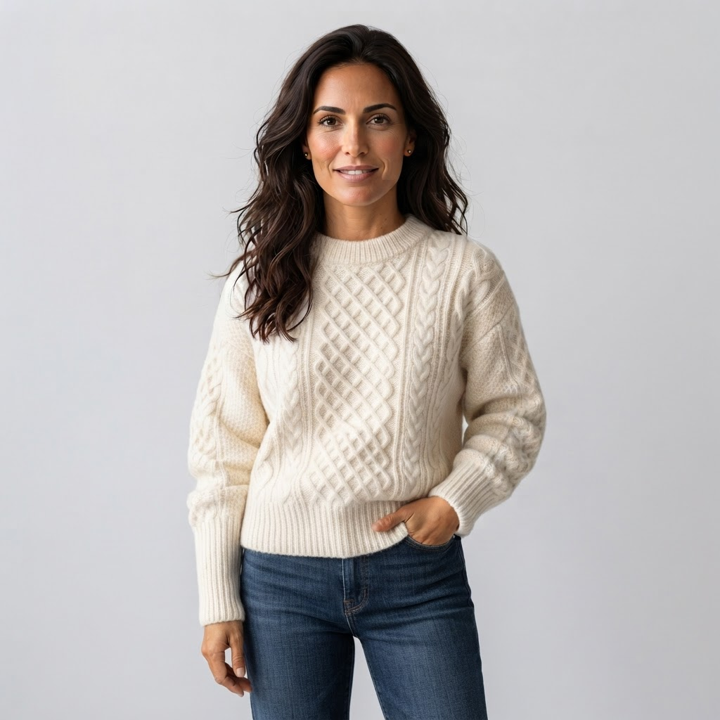 Jersey Mujer de Punto Trenzado con Cuello Redondo