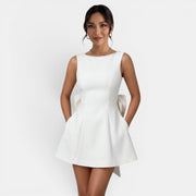 Women's Summer Short Dress with Large Bow and Pearls