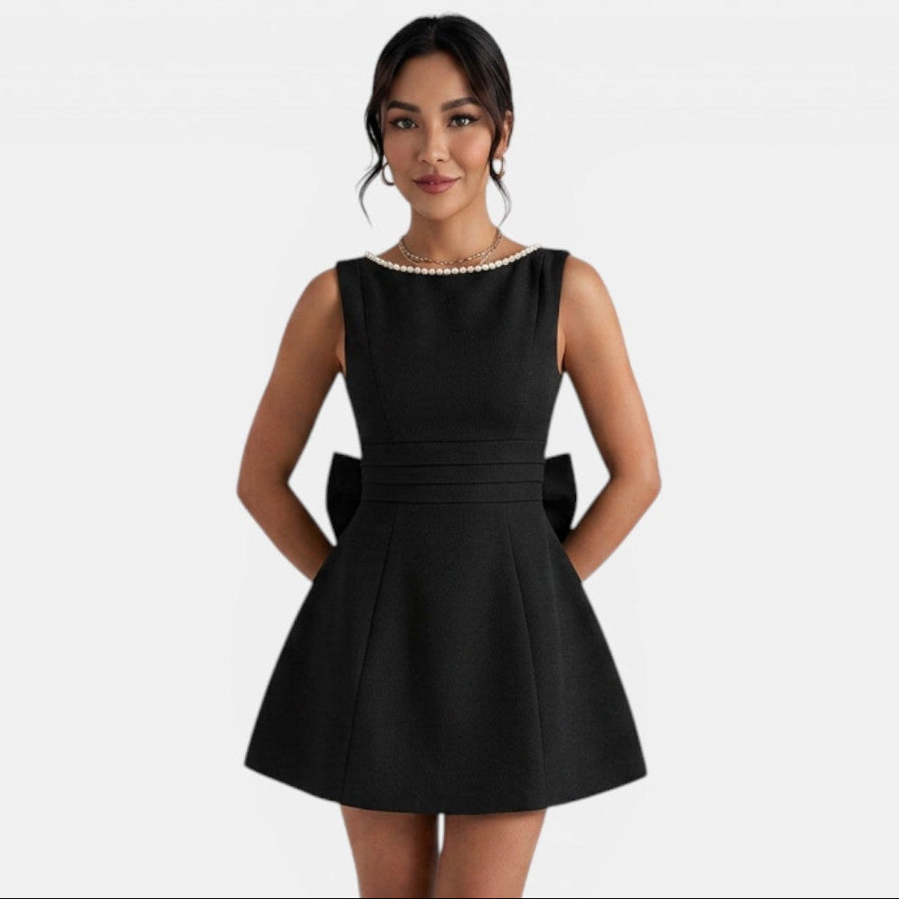 Women's Summer Short Dress with Large Bow and Pearls
