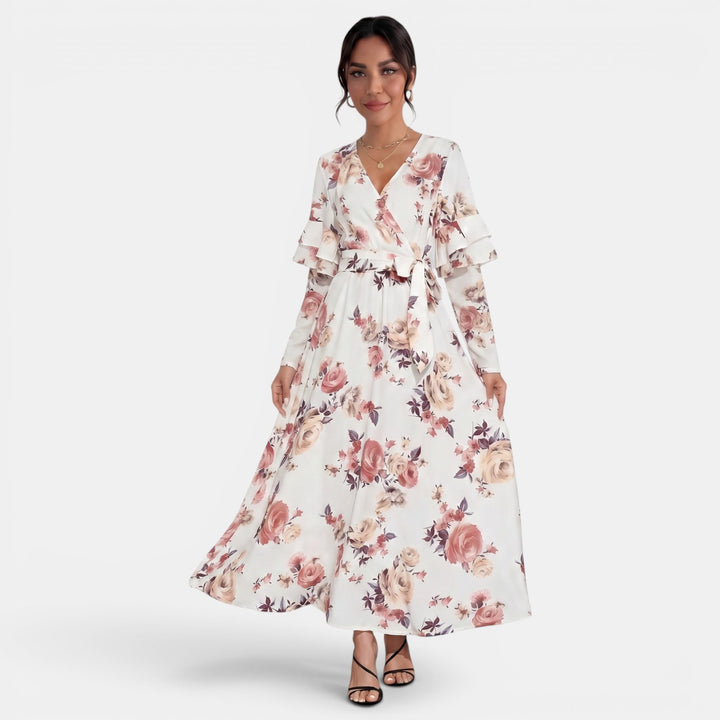 Vestido Midi Blanco Floral Mujer Cuello V