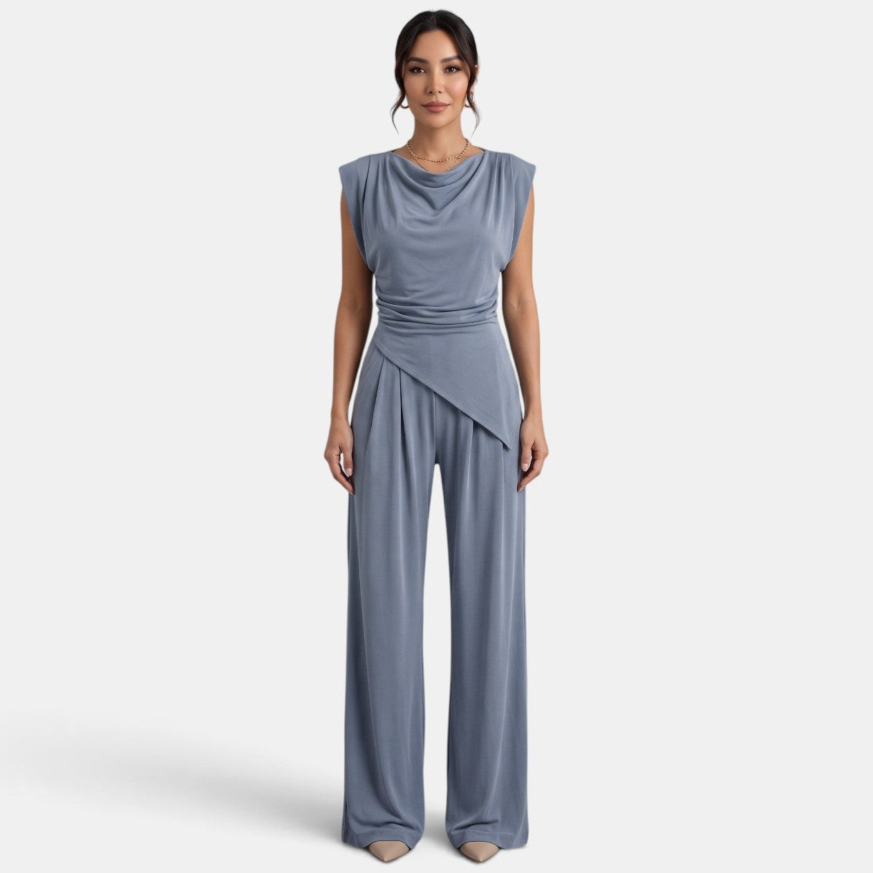 Conjunto Mujer Premium – Top Drapeado y Pantalón Ancho Elegante