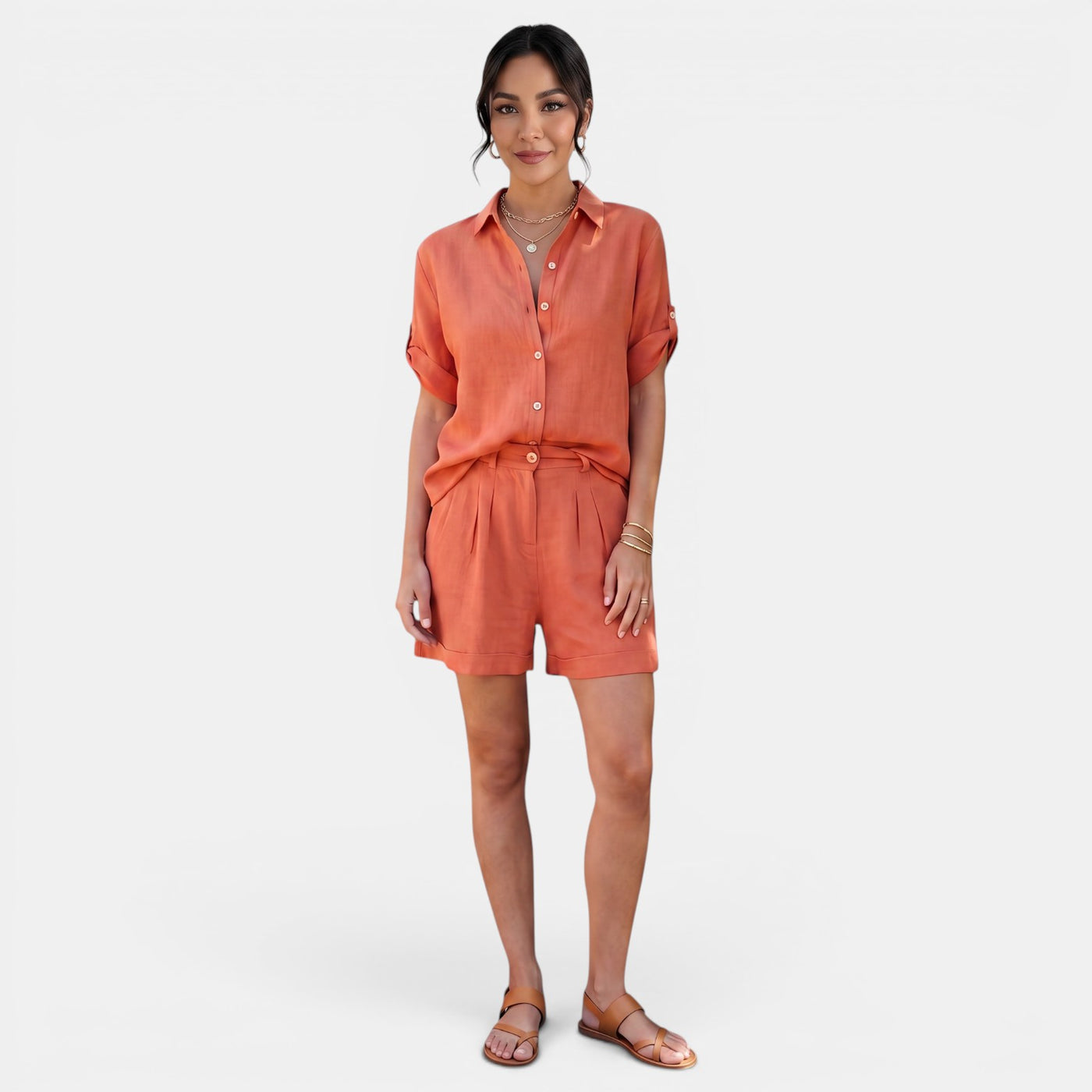 Women's Linen Cotton Half Sleeve Shirt Set