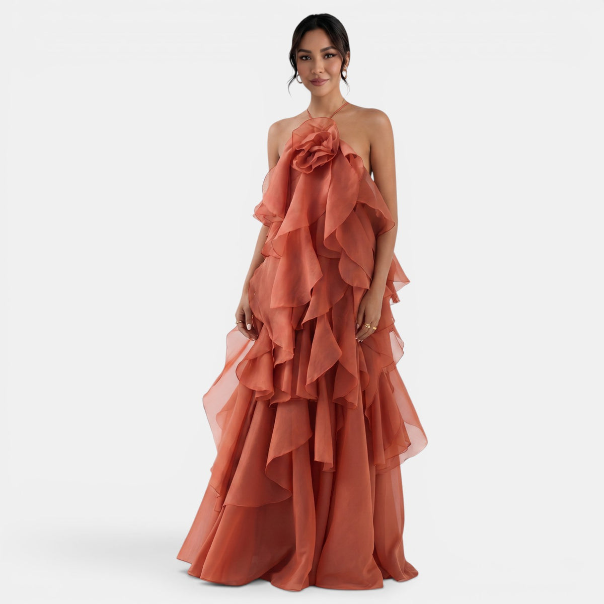 Women's Red Halter Maxi Dress - Open Back, Floral Detail, Ruffles