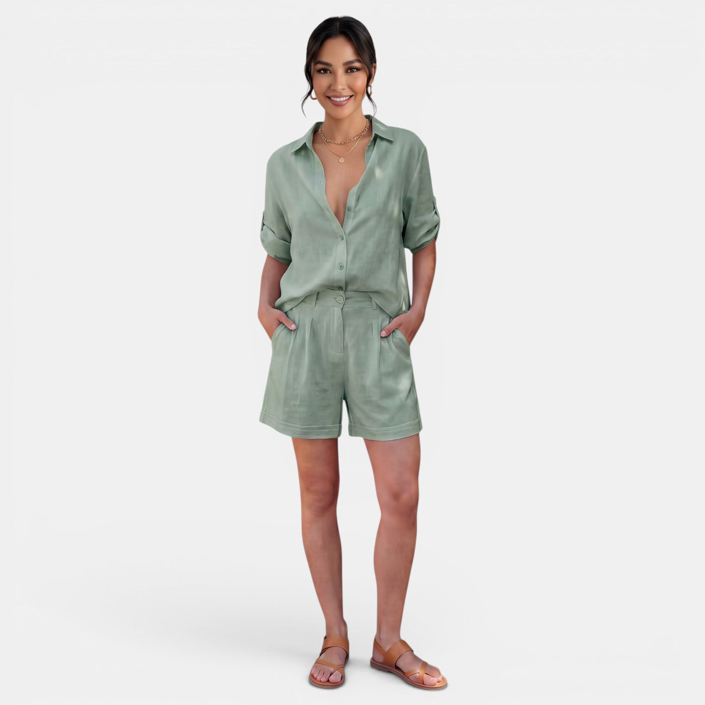 Women's Linen Cotton Half Sleeve Shirt Set