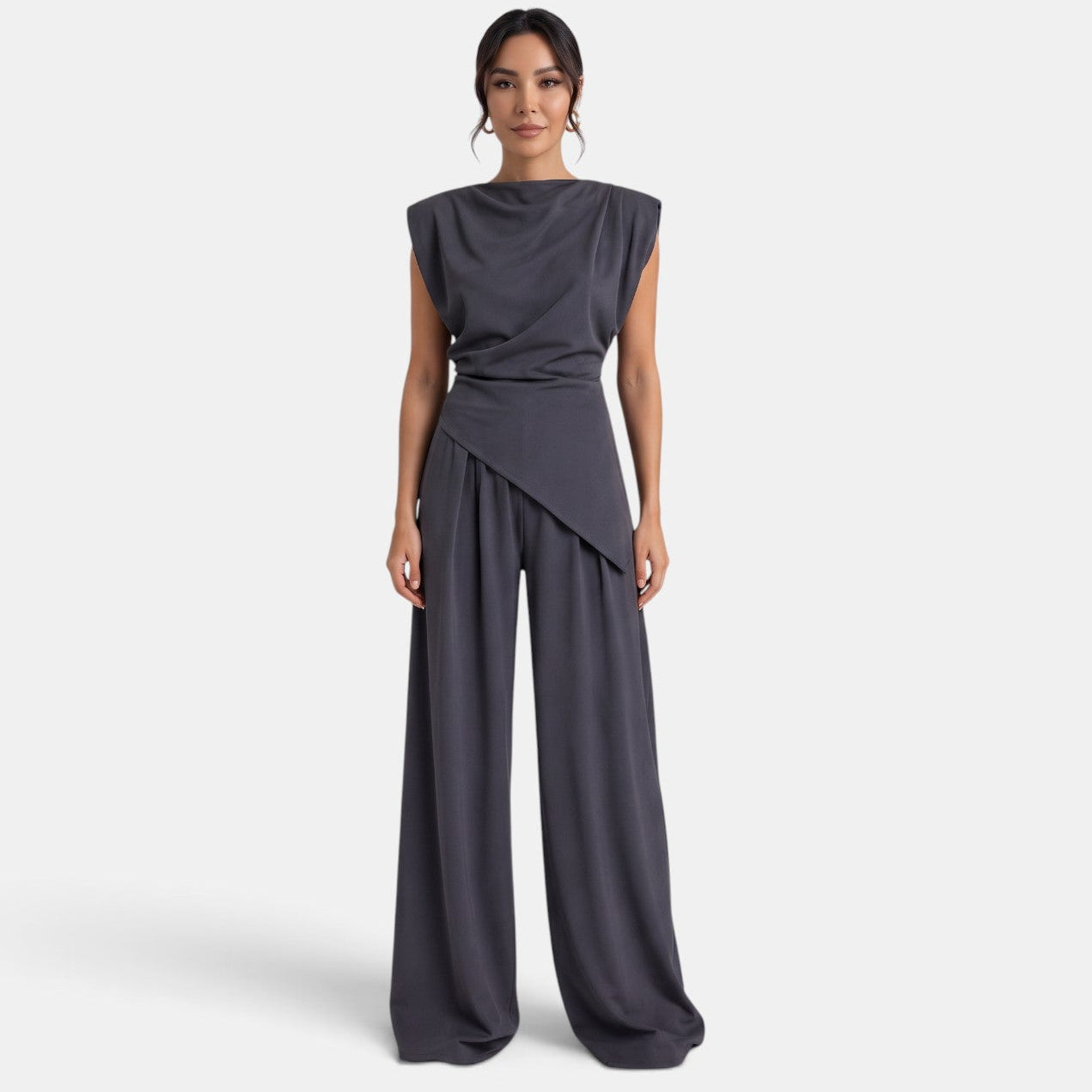 Conjunto Mujer Premium – Top Drapeado y Pantalón Ancho Elegante