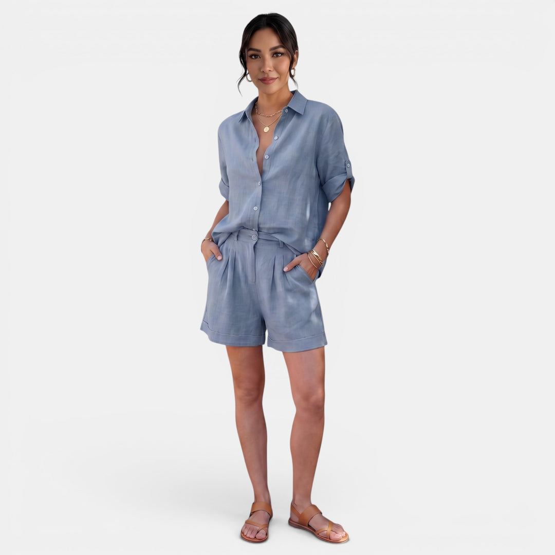 Conjunto Mujer Camisa Lino Algodón Manga Media