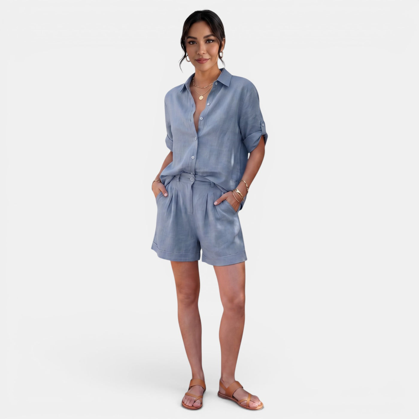 Women's Linen Cotton Half Sleeve Shirt Set