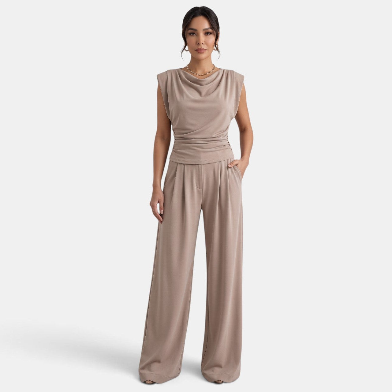 Conjunto Mujer Premium – Top Drapeado y Pantalón Ancho Elegante