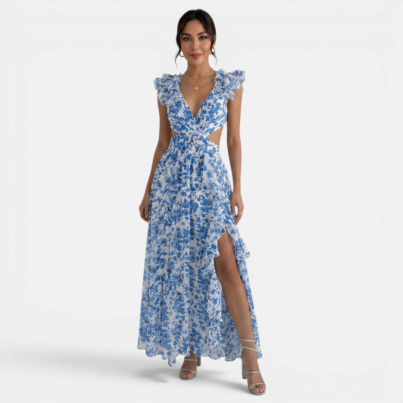 Floral Maxi Ruffle V-Neck Dress