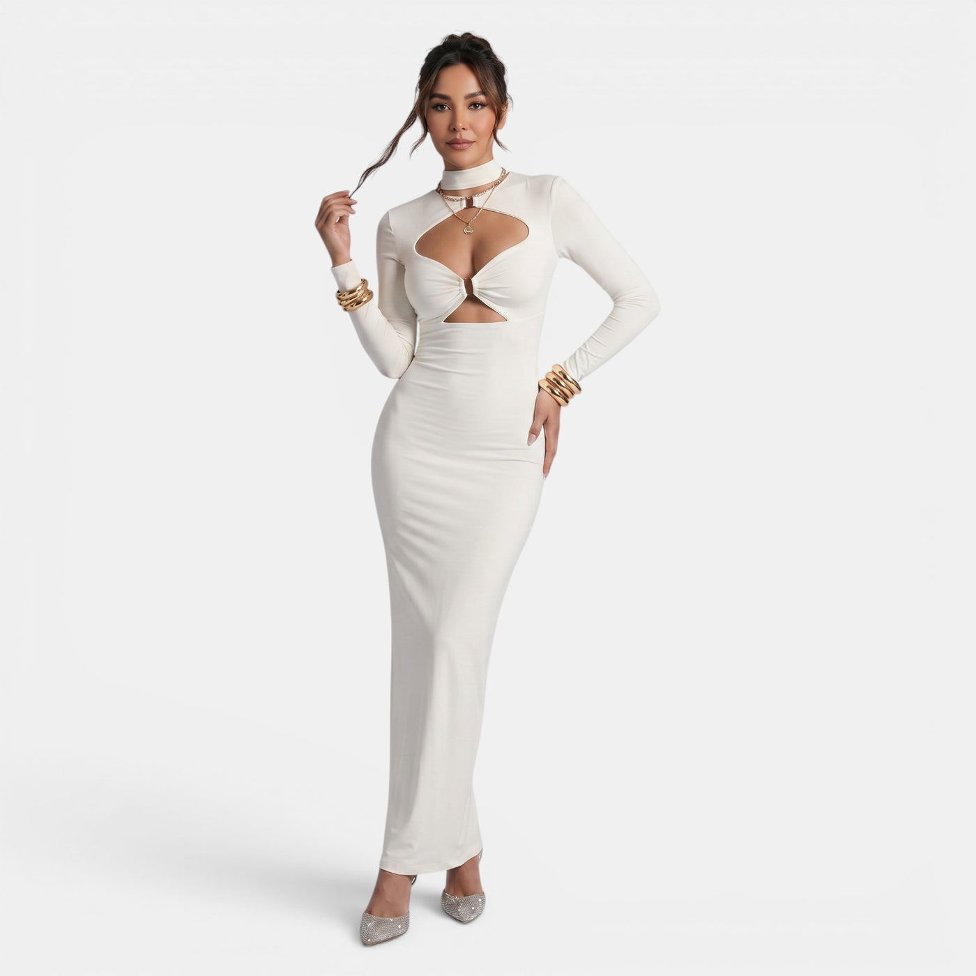 Vestido Largo Ajustado Mujer Elegante Cut Out de Color Liso
