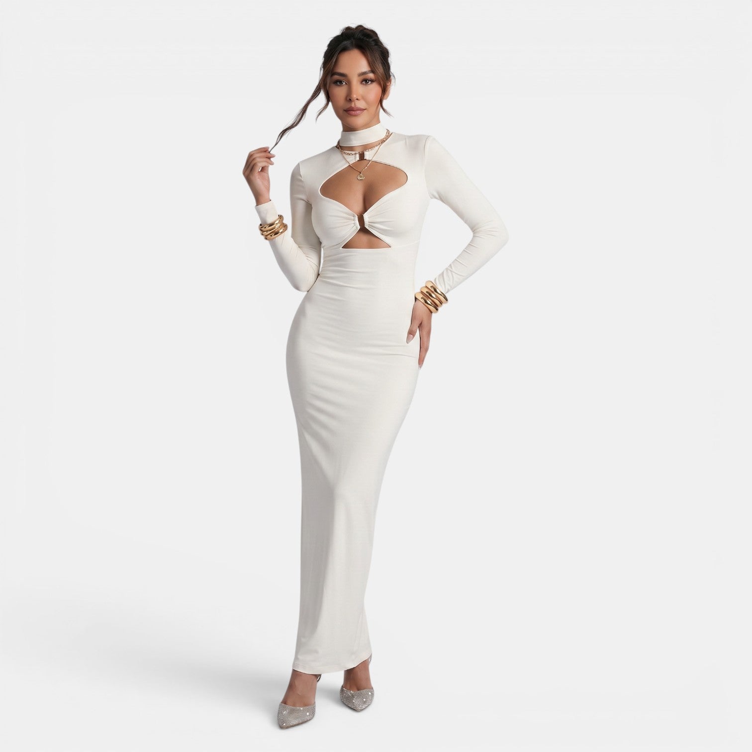 Vestido Largo Ajustado Mujer Elegante Cut Out de Color Liso