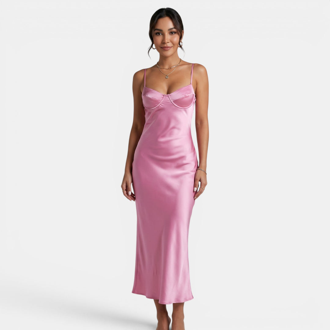 Vestido Largo Satén Rosa Mujer