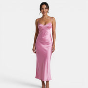 Vestido Largo Satén Rosa Mujer