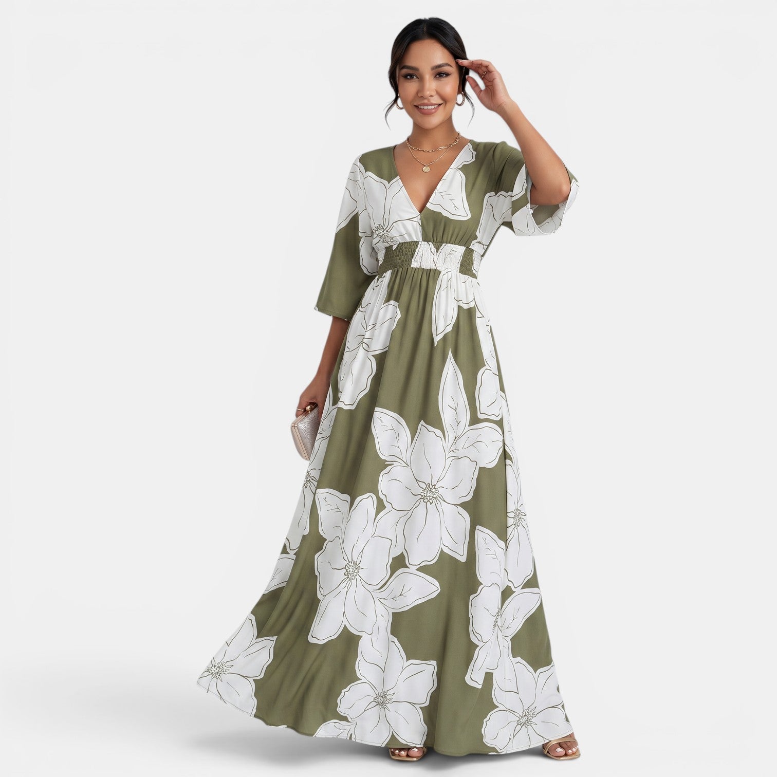Vestido Largo Floral Mujer Escote V
