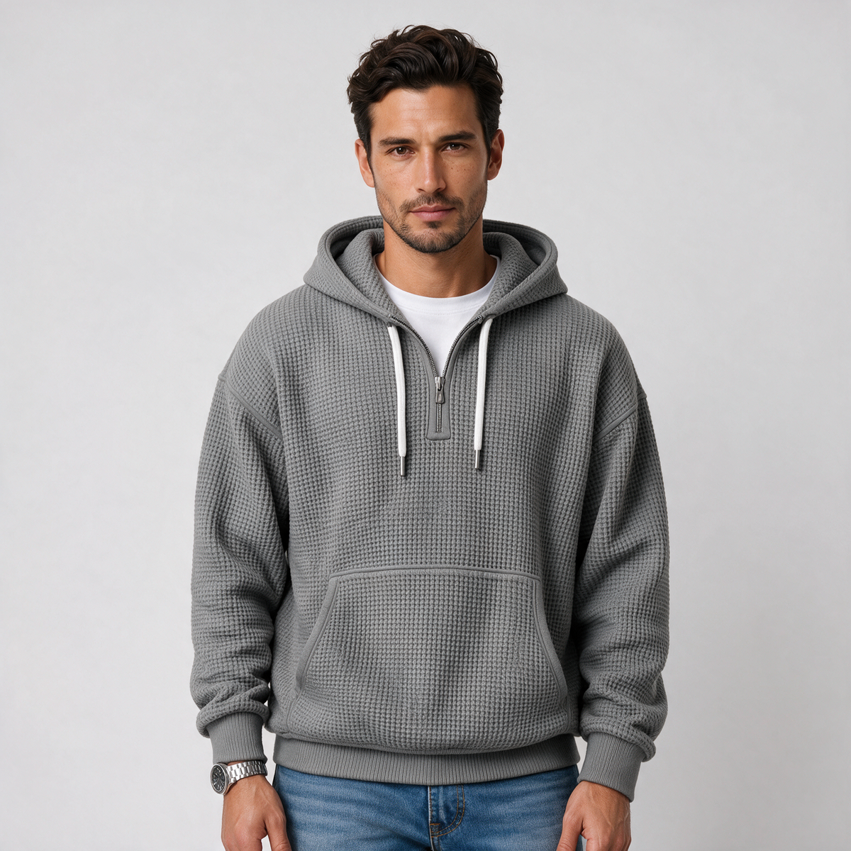 Sudadera Hombre Textura Gofre con Capucha y Cremallera