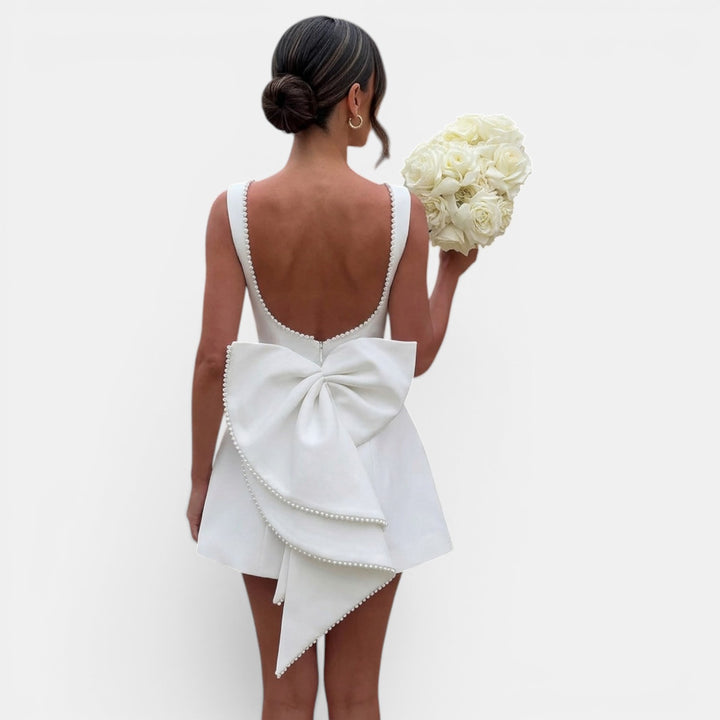Vestido Corto Mujer Verano Lazo Grande y Perlas