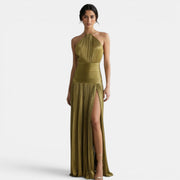 Pleated Halter Dress with Slit