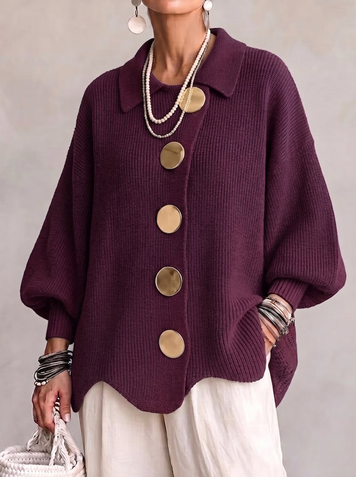 Cárdigan Mujer Oversize con Botones Metálicos