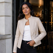 Chaqueta Biker Mujer Cropped en Polipiel con Cuello Alto