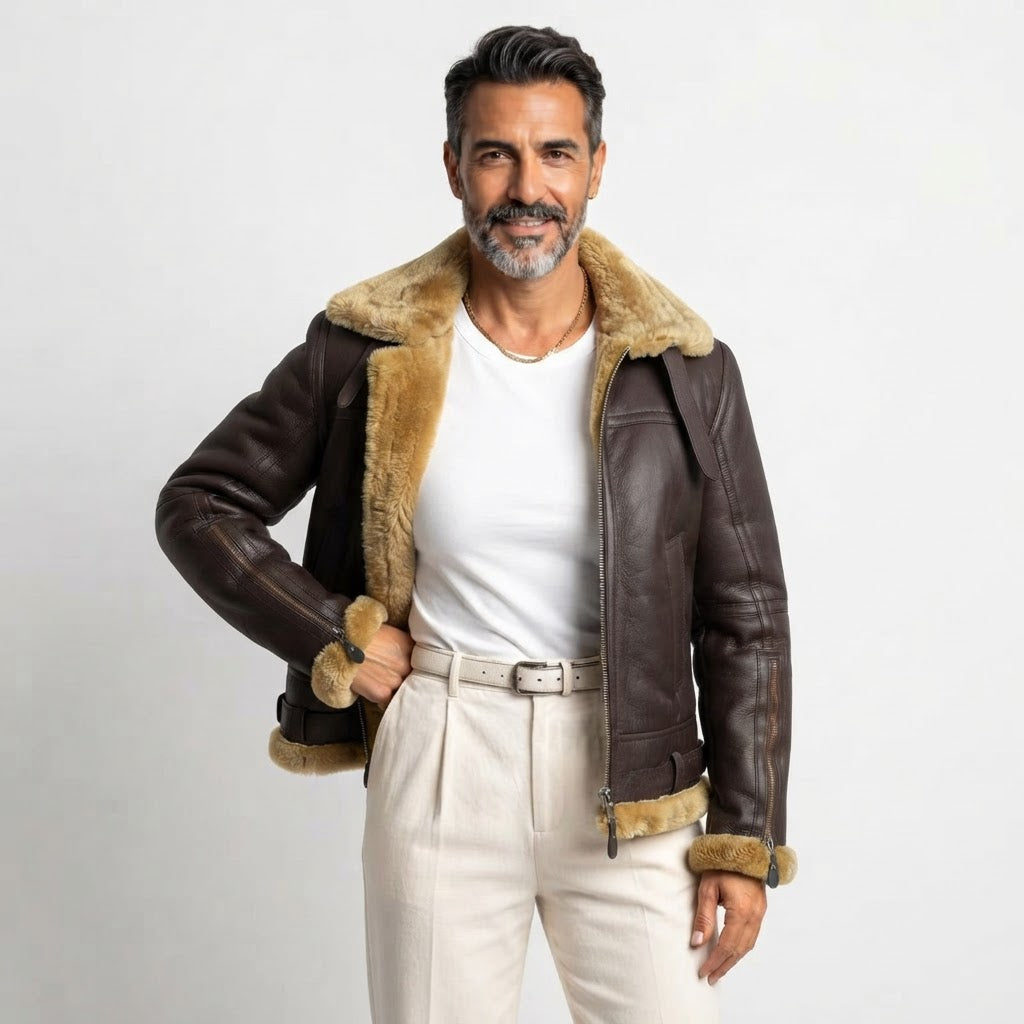 Cazadora Bomber Hombre en Piel con Cuello y Puños de Borreguito