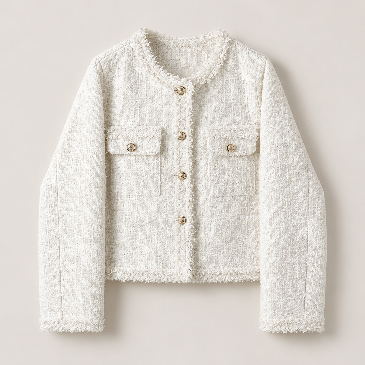Chaqueta de Tweed Corta Mujer con Flecos y Botones Dorados