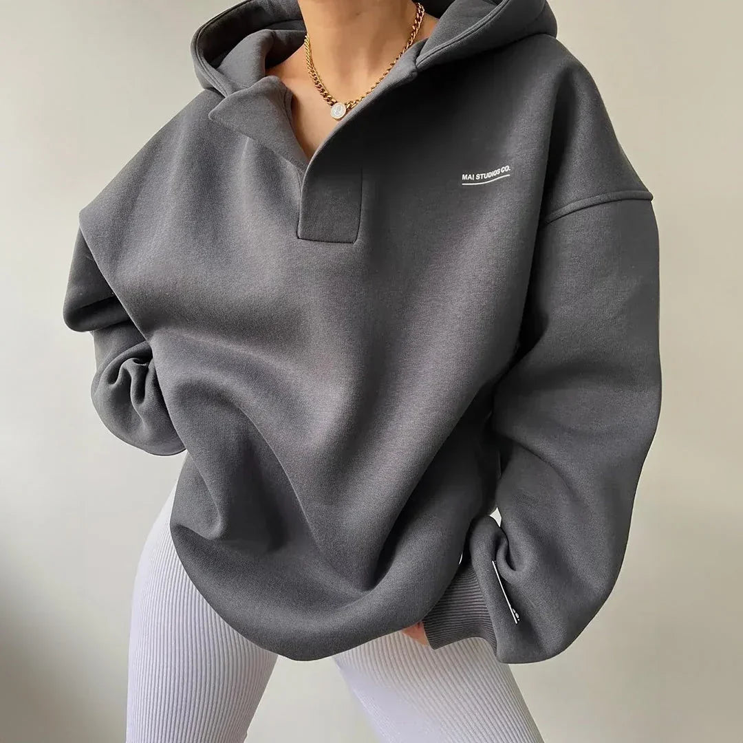 Women's Oversized Thick Cotton Sweatshirt with Shirt Collar