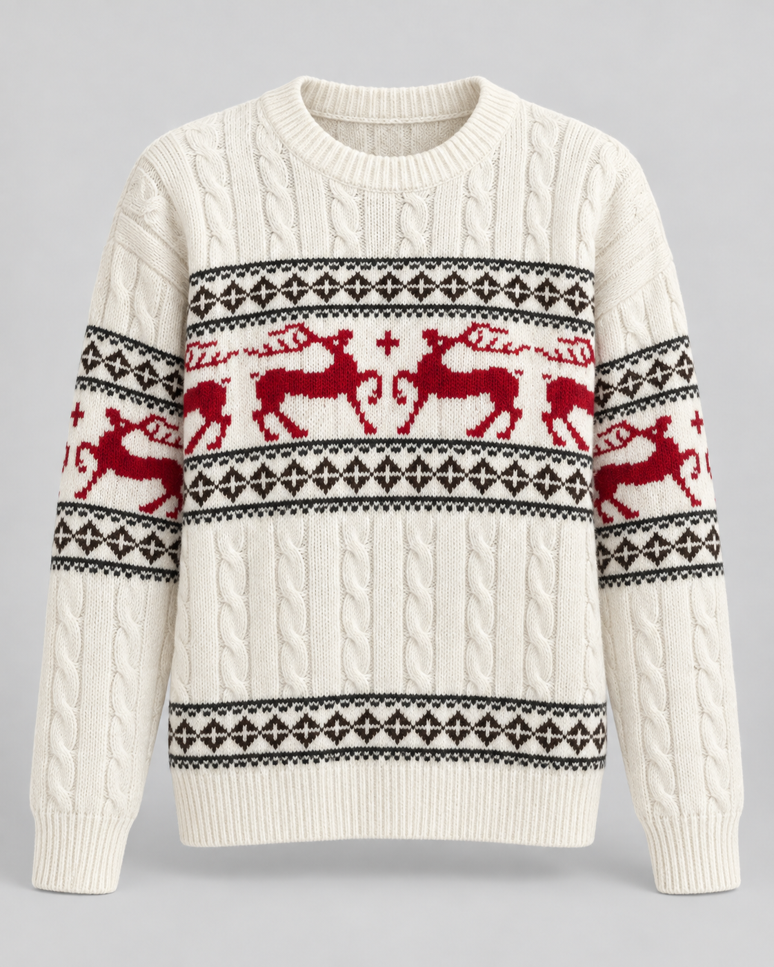 Women's Fair Isle Reindeer Aran Cable Knit Christmas Sweater