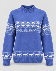 Women's Fair Isle Mock Neck Christmas Sweater with Reindeer Hem