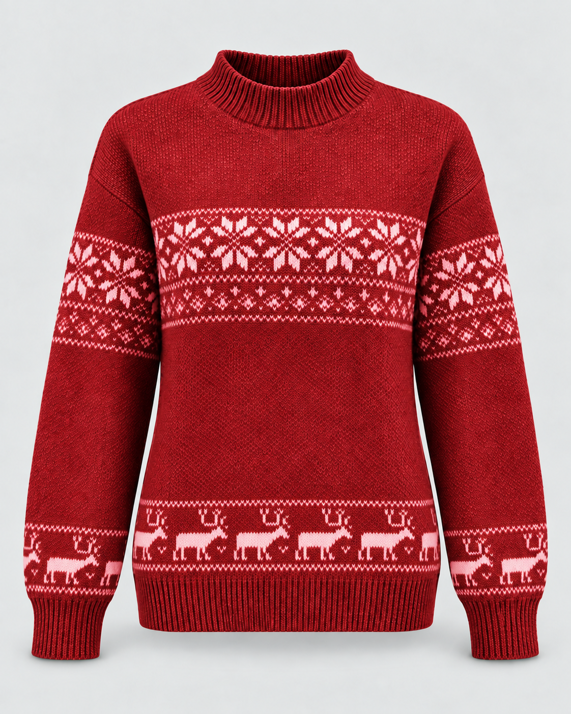 Women's Fair Isle Mock Neck Christmas Sweater with Reindeer Hem